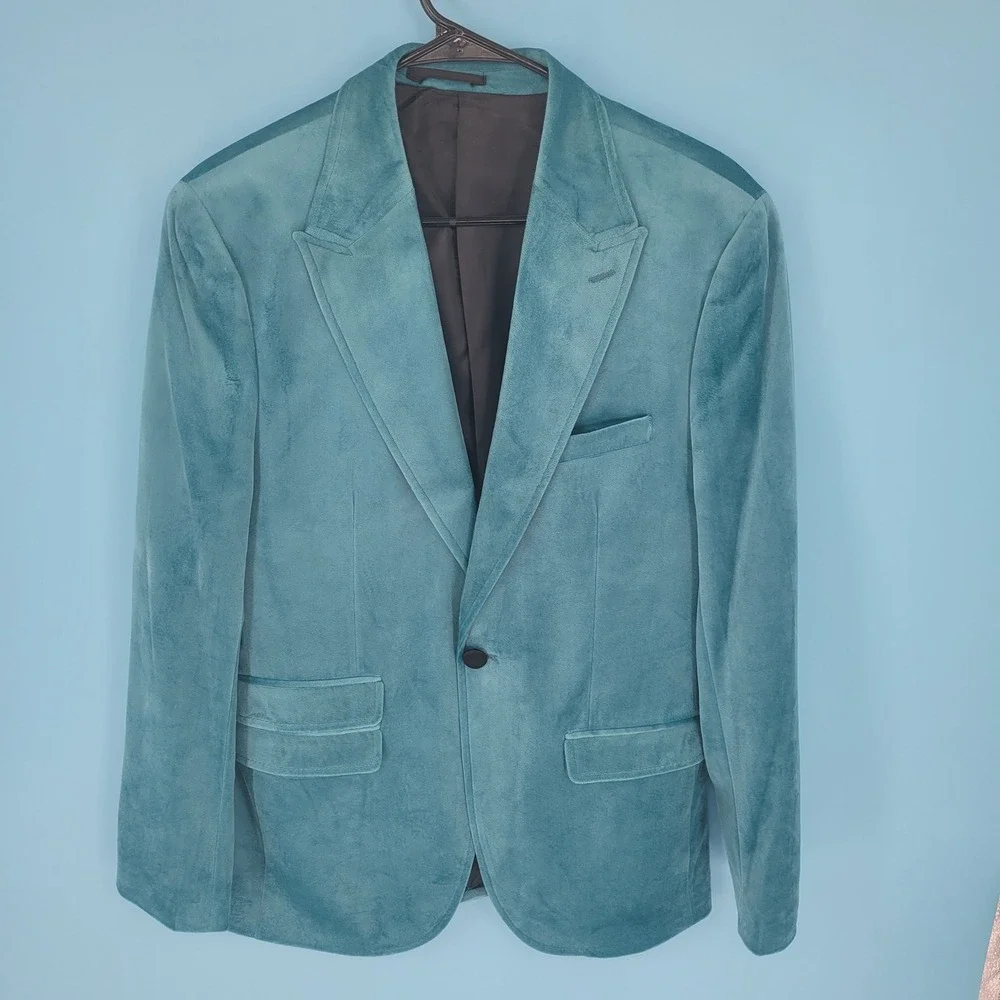 Topman Mens 40R Teal Blue Velvet Blazer Jacket Skinny Peak Lapel Single Button